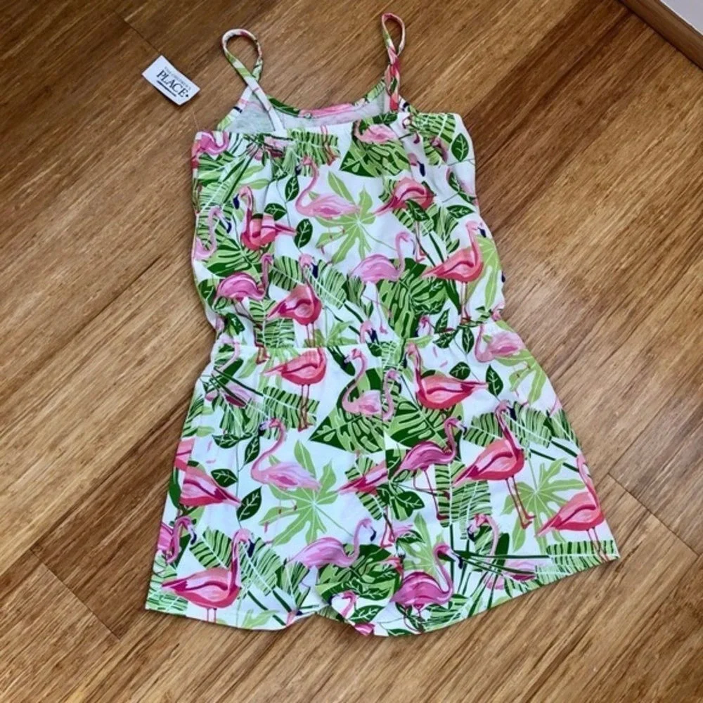 The Children's Place Large Pink Green Flamingo Romper NWT Soft cotton vacation‎